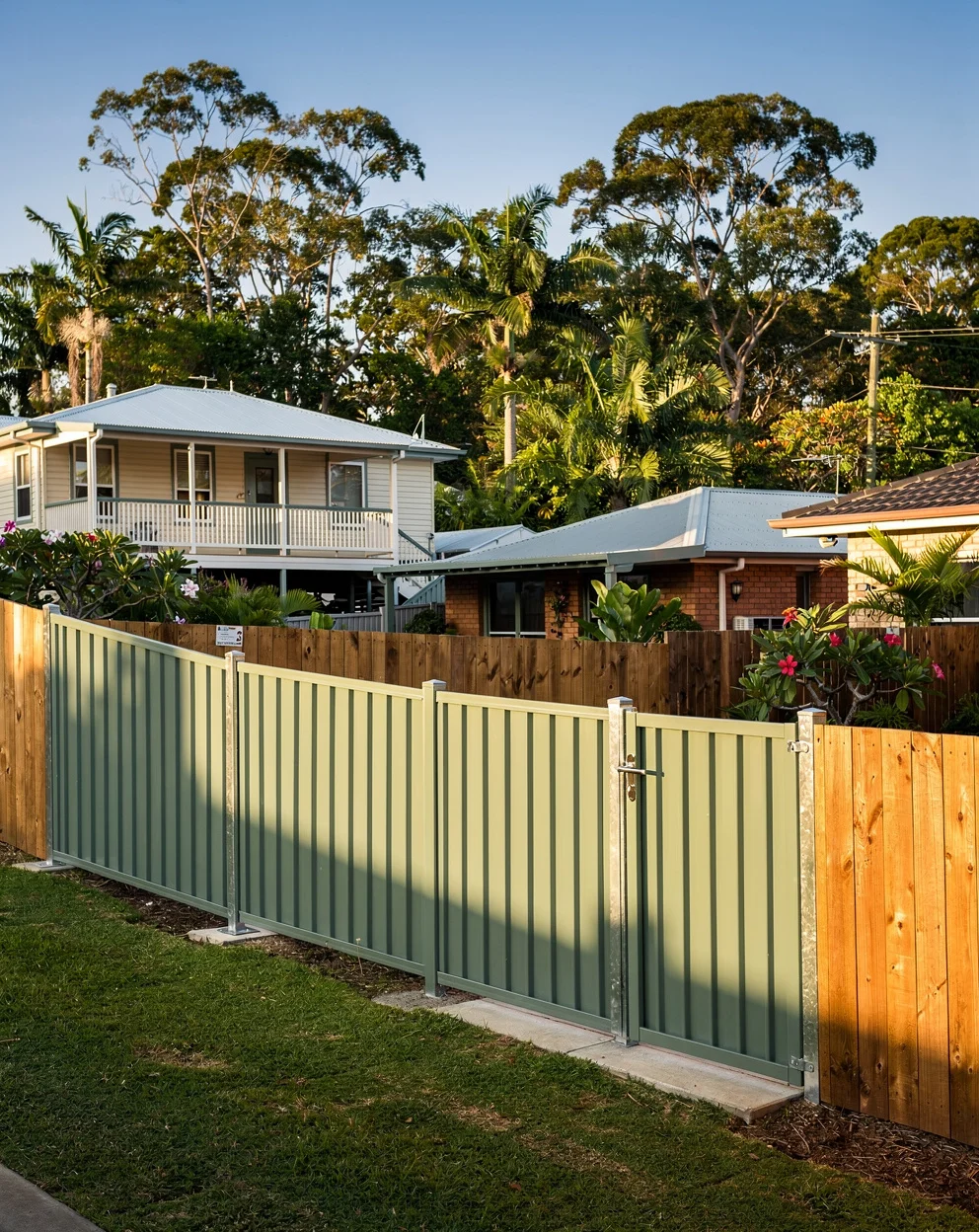 A new Colorbond boundary fence raked along a sloping Sunshine Coast backyard