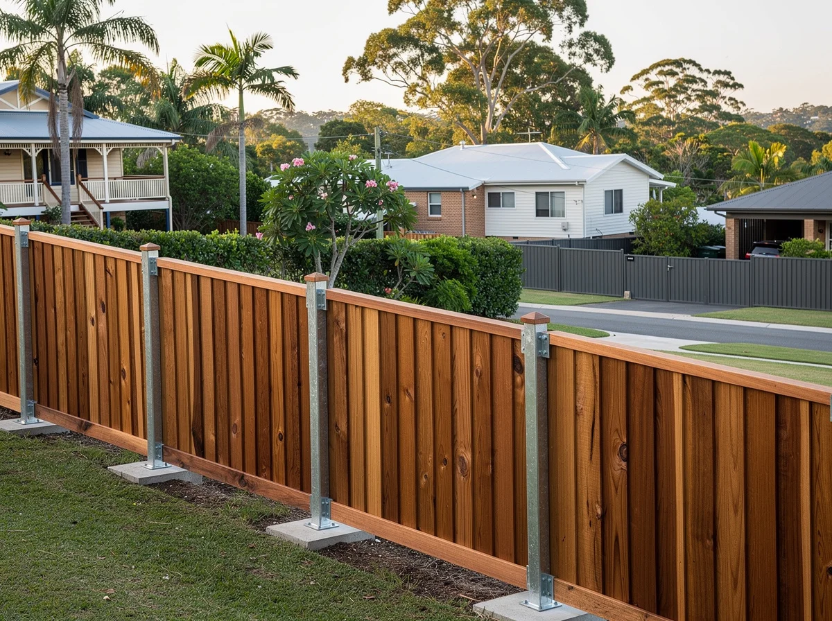 A finished spotted gum hardwood paling fence raked along a sloping Buderim hinterland boundary