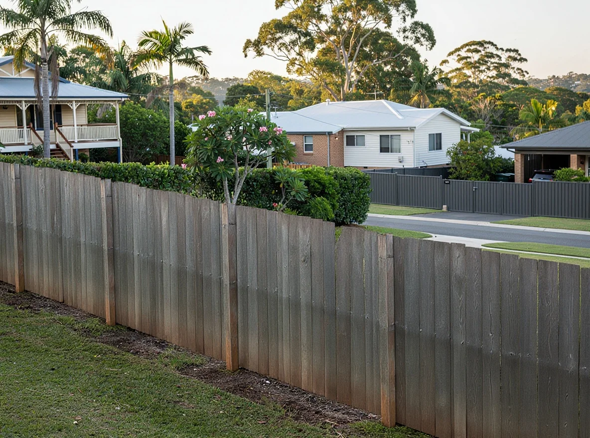 The same Buderim boundary before, with a tired faded pine paling fence sagging on a sloping block