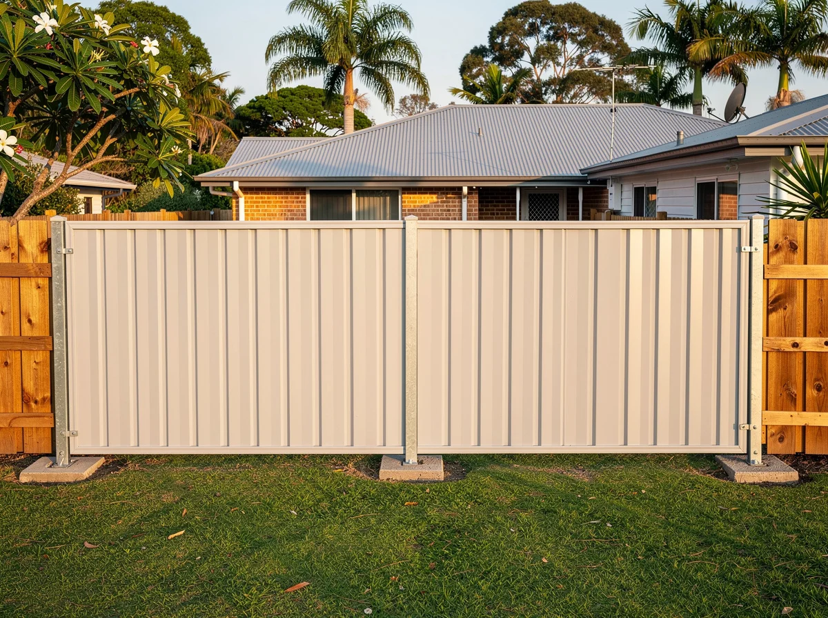 A finished Surfmist Colorbond boundary fence along the rear of a lowset Maroochydore brick home