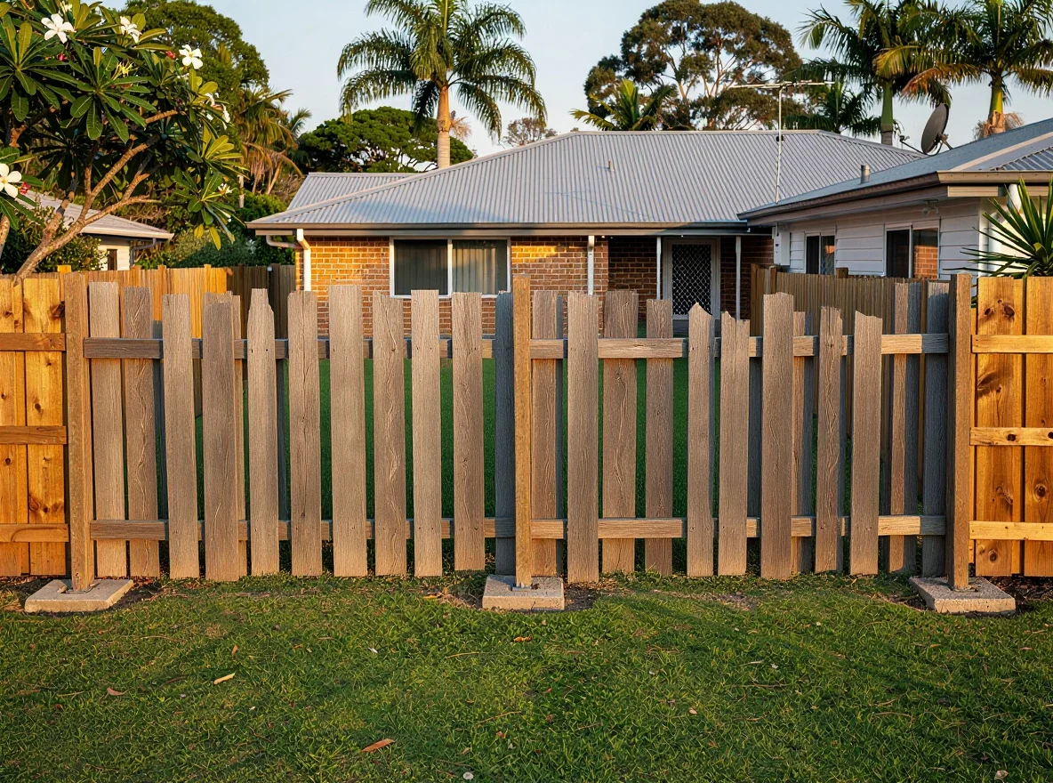 The same Maroochydore home before, with a tired faded twenty-year-old paling fence with missing palings and leaning posts