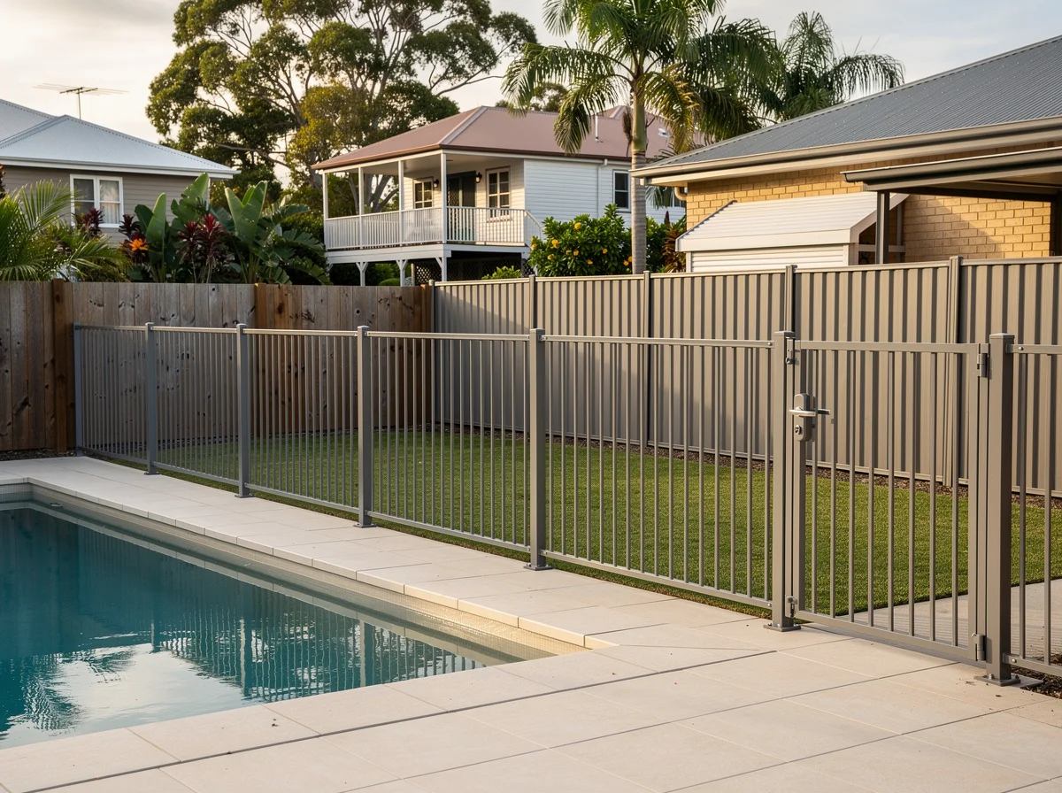 A finished Monument aluminium pool-compliant fence around a Mooloolaba backyard pool, with a self-closing self-latching gate