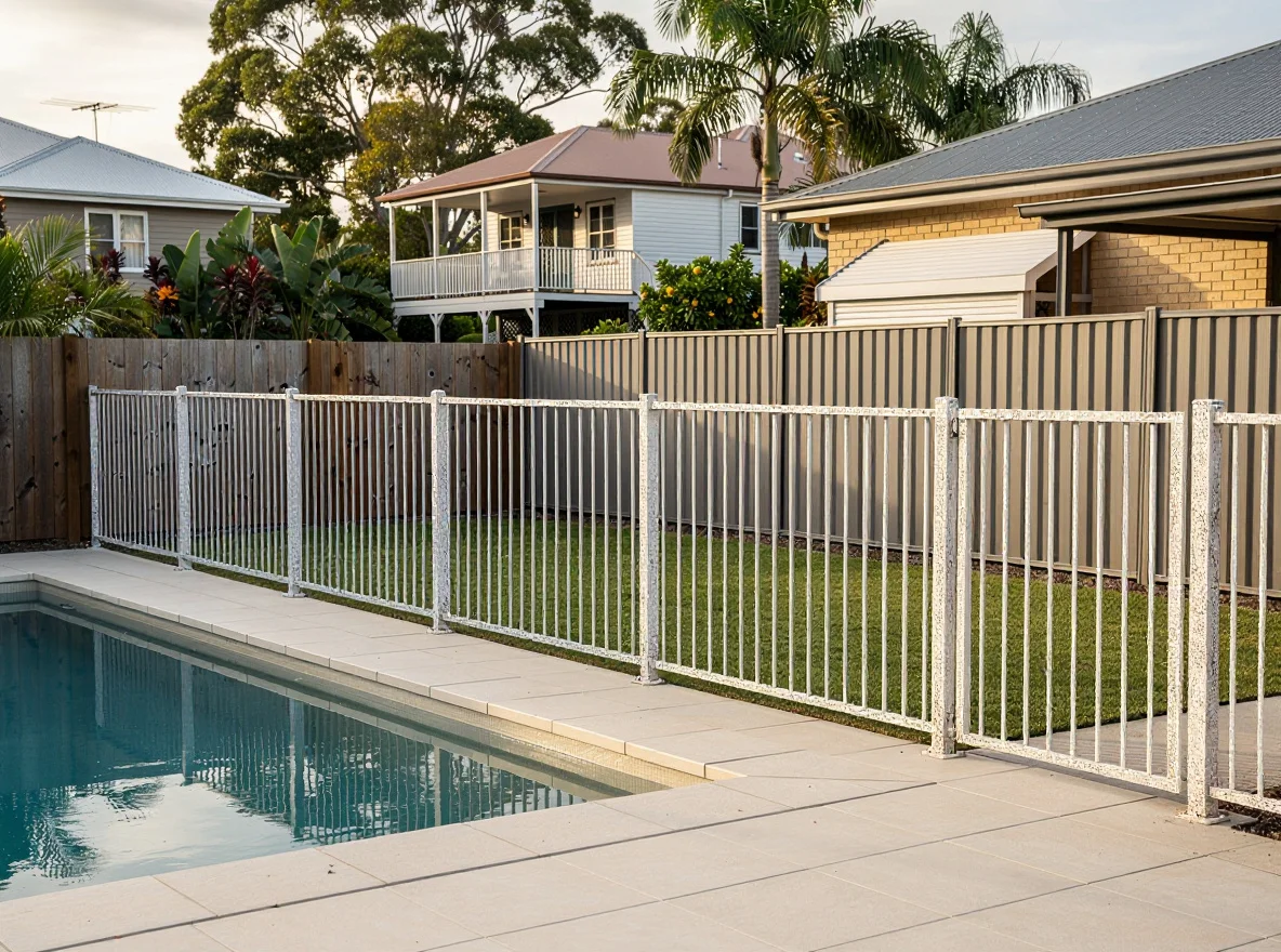 The same Mooloolaba backyard before, with a tired chalked white tubular pool fence with peeling coating and a broken gate