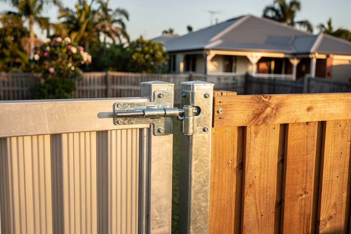 A heavy-duty galvanised gate hinge and self-closing latch bolted to a stout steel hinge-side post on a Colorbond gate