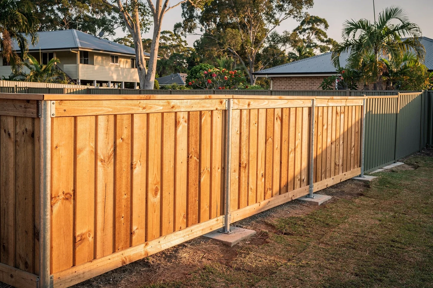 A finished lapped-and-capped hardwood paling fence with the top capping rail running level and the lap visible
