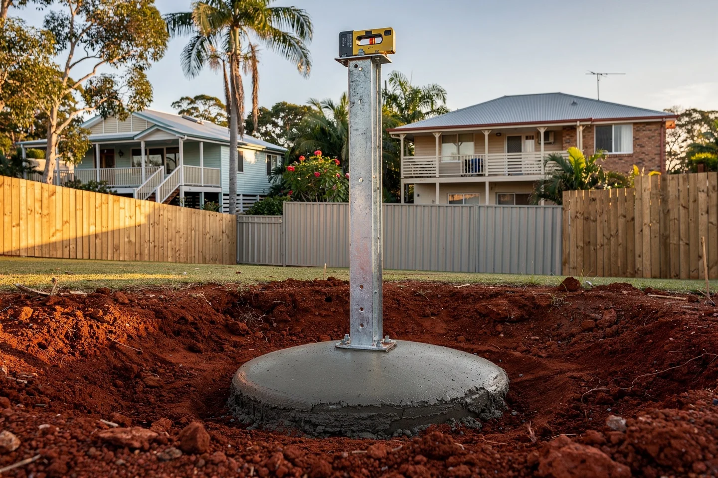 A hot-dipped galvanised steel fence post set in a fresh concrete footing in red Buderim clay, plumb with the level on it